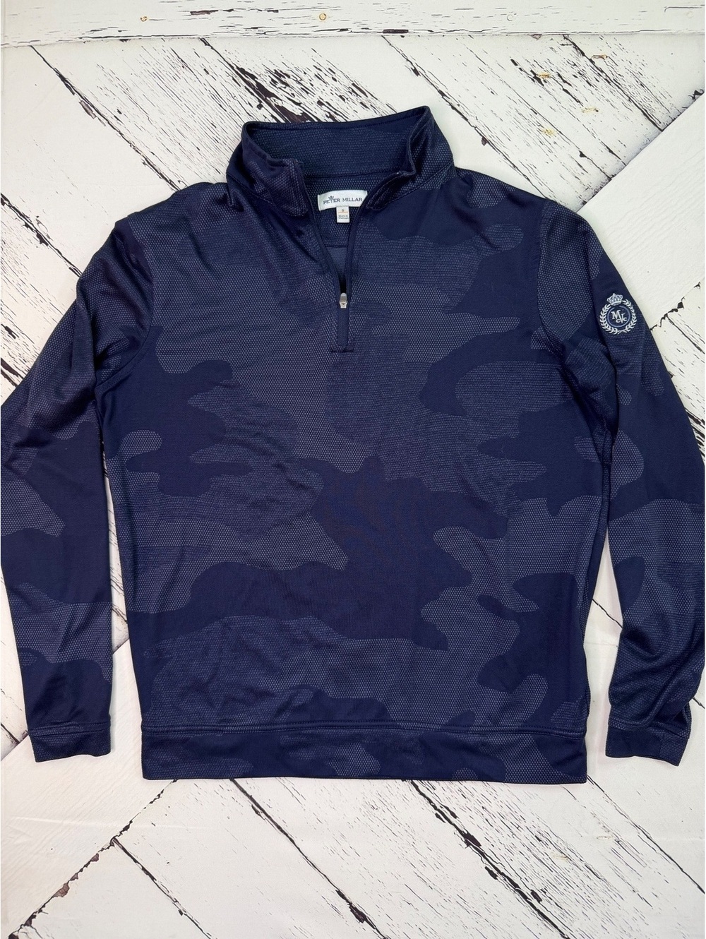 Peter Millar Perth Luxury Performance 1/4 Zip Pullover Navy Blue Camo Men’s